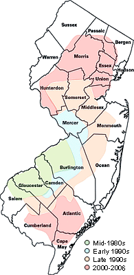 Figure 22. Spread of bacterial leaf scorch of oak in New Jersey from first detection (ca. 1985) to 2006. (Courtesy A.B. Gould)