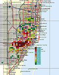 Figura 34. Spatio-temporal spread of canker in Miami area. Each square represents a square mile (section/township/range) infested with citrus canker. (Courtesy T.R. Gottwald, copyright-free)