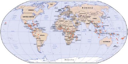 Figure 1. World distribution of black Sigatoka. ( = countries where black Sigatoka has been reported according to Calier et al. 